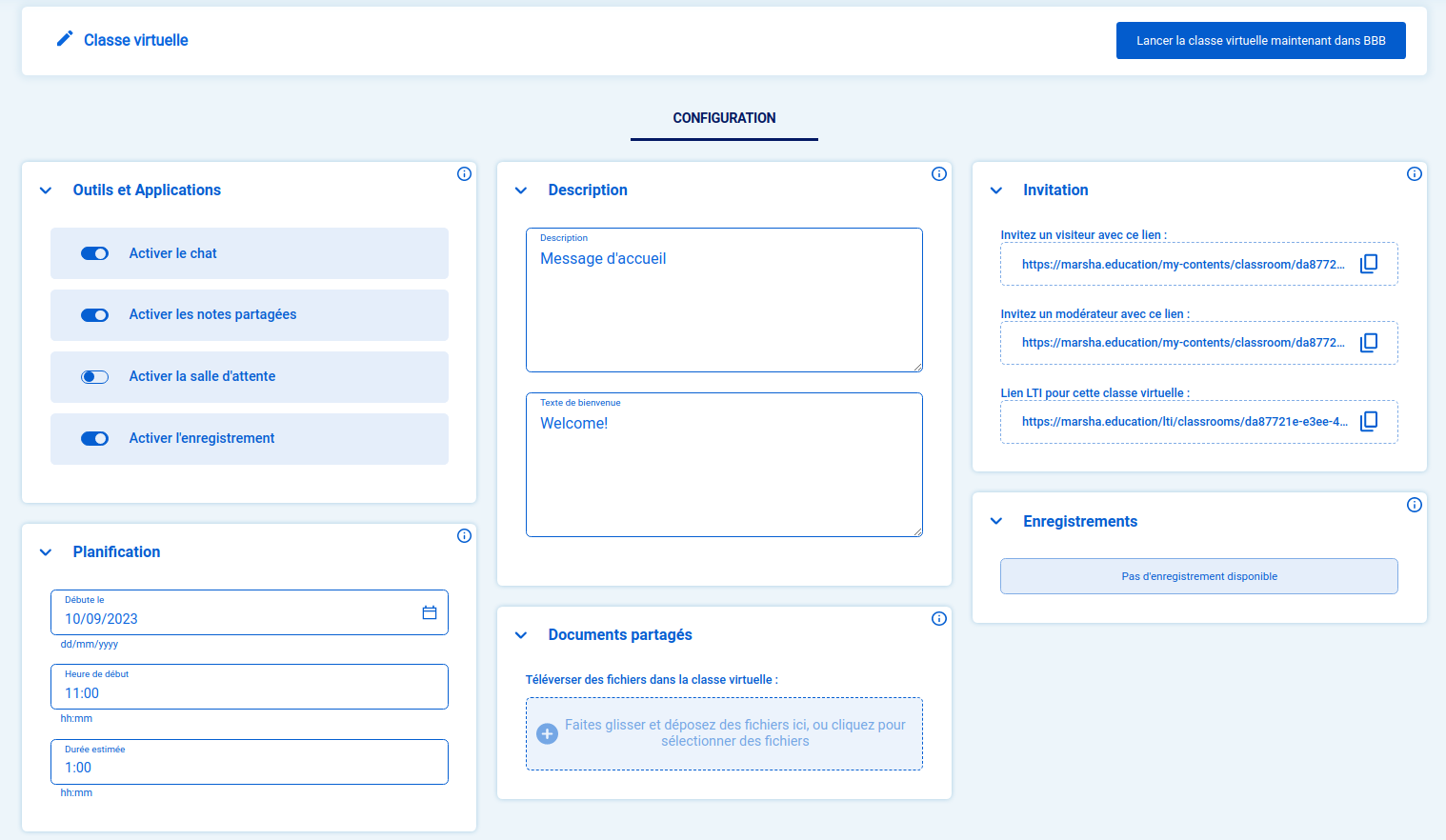 Écran de configuration de la classe virtuelle