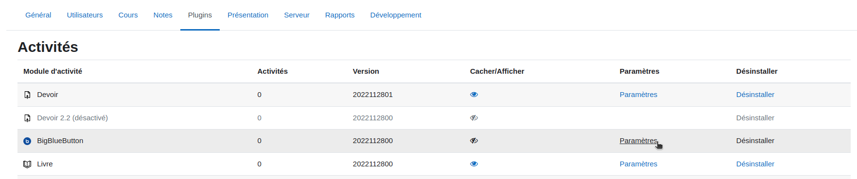 Paramètres BigBlueButton