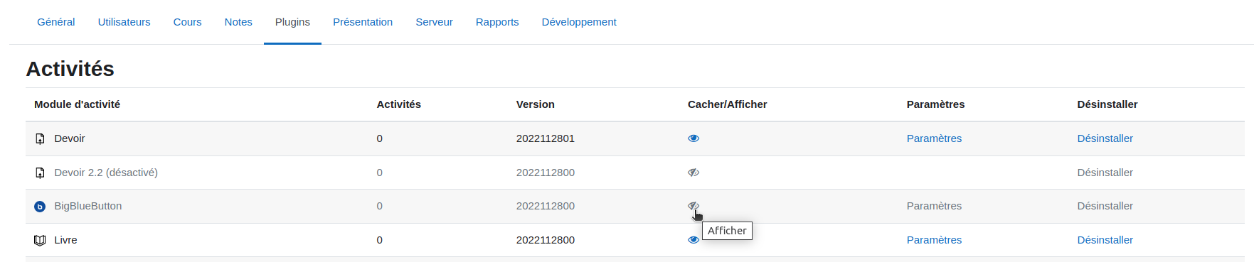 Afficher le plugin BigBlueButton