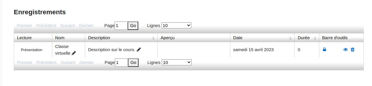 Tableau des enregistrements