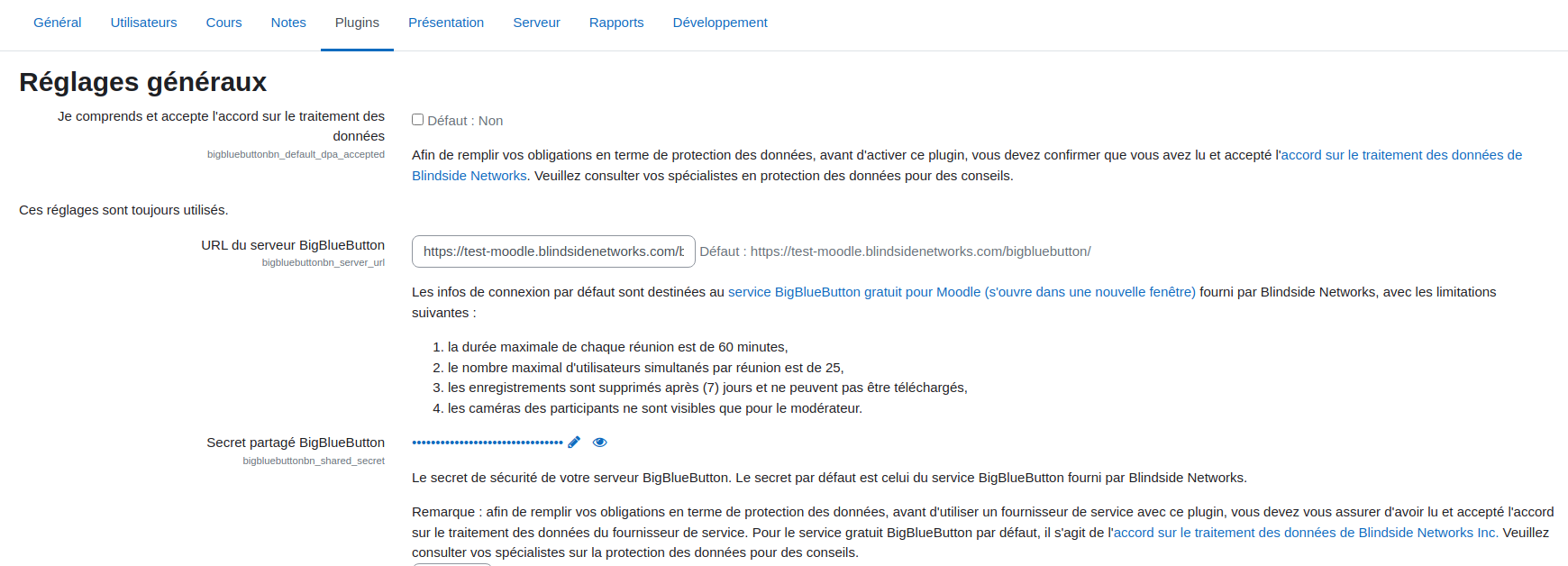 Réglages du plugin BBB