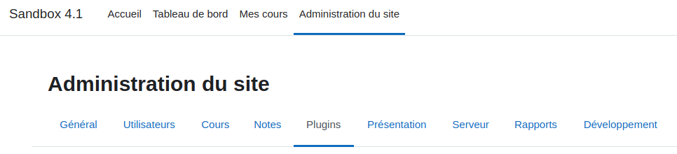 Menu Plugins dans Moodle